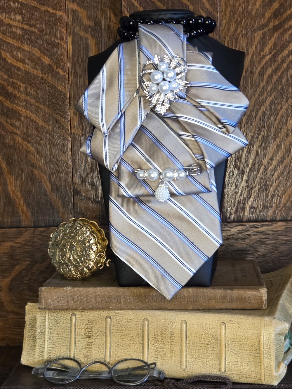 Silver and Blue Striped Ladies Neck Tie with Pearl Brooch